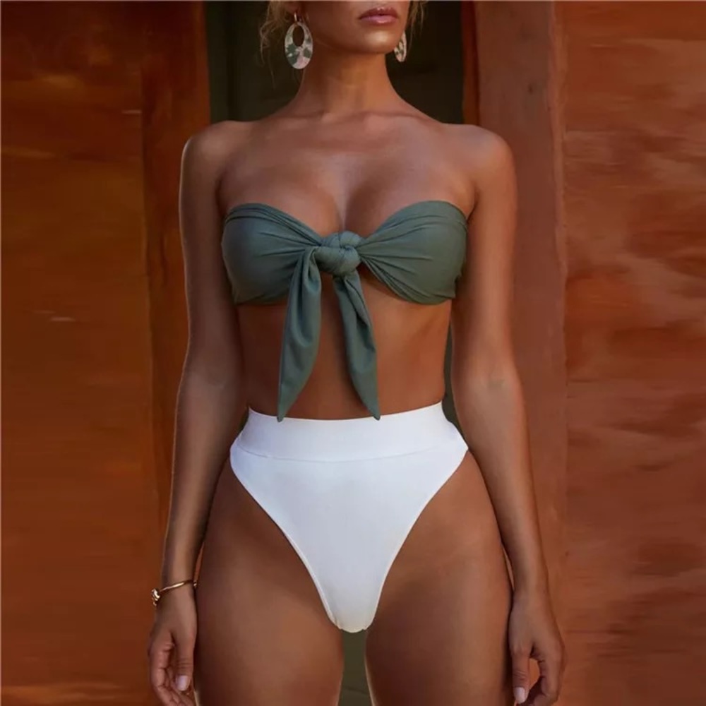 2 piece olive and white bandeau bikini set